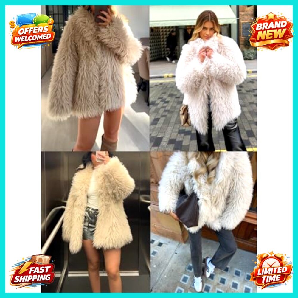 Oversized Faux Fur Coat Lapel Collar Open Front Fuzzy Jacket Winter Warm - Picture 5 of 7